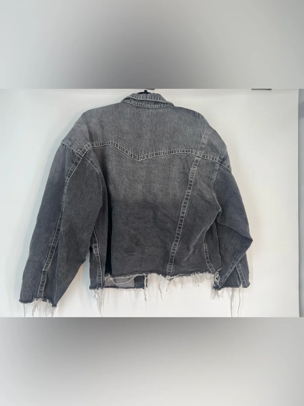 True Religion Oversized Jimmy Denim Jacket Gray Black Raw Hem Men's Medium Y2K